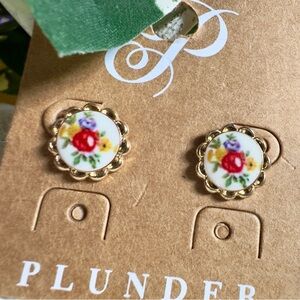 Plunder Antique Gold Floral Earrings with Red Accents